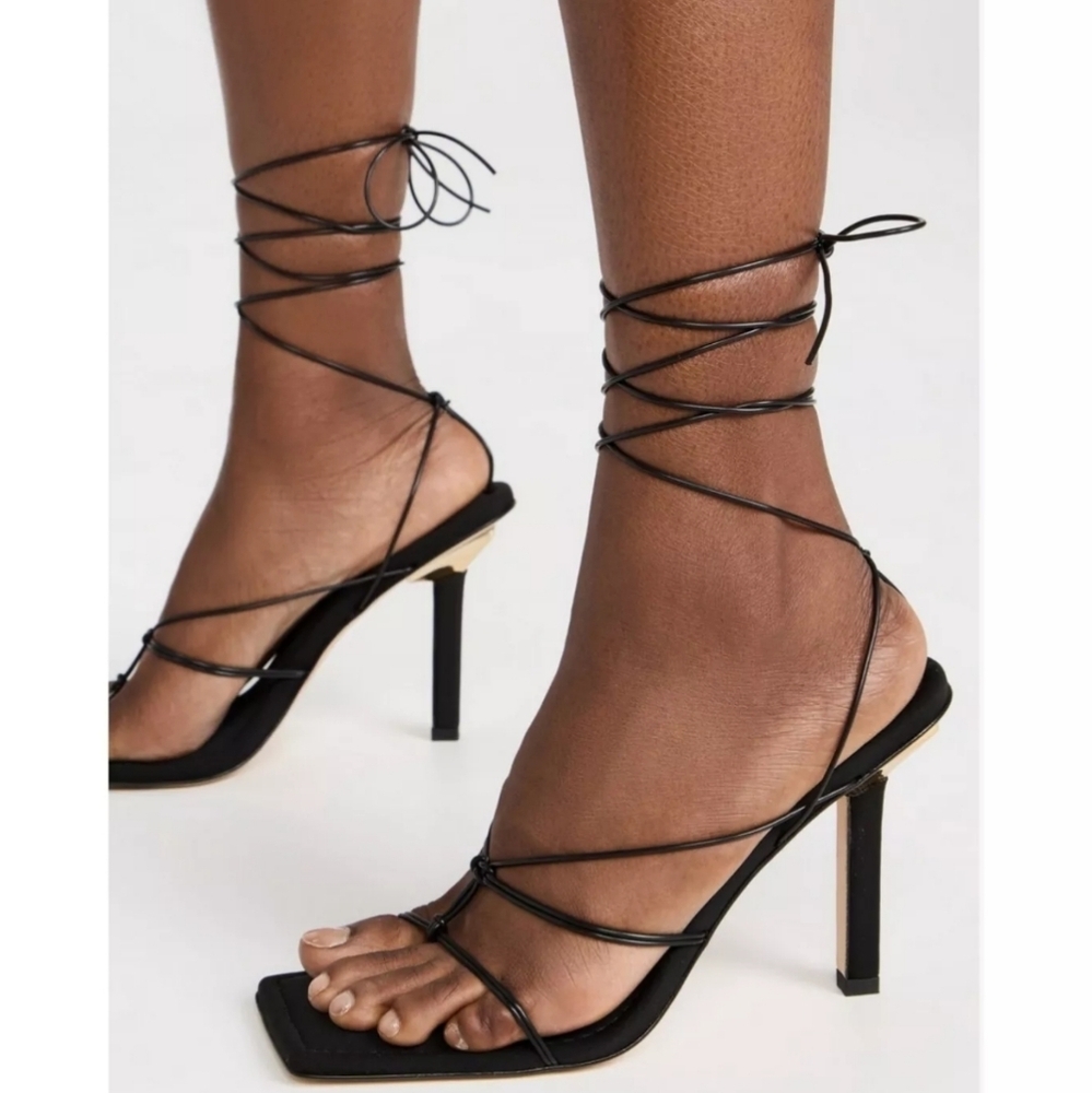 NWT Good American‎ Cage Slanted Sandals Neoprene Black Lace Up Heel Size 5 - Picture 2 of 15
